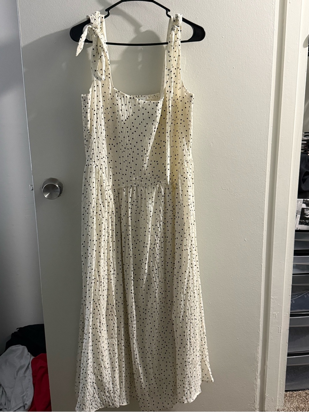 Tie-Shoulder Cream Polka Dot Midi Dress